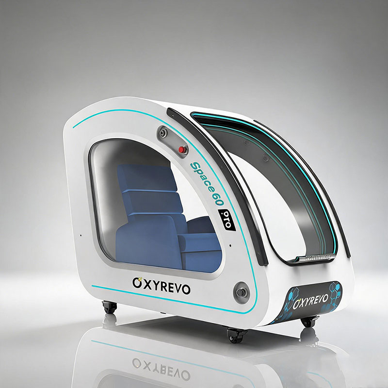 OxyRevo Space60 Pro Hard-Shell Sitting Hyperbaric Chamber – white chamber, rear three-quarter view