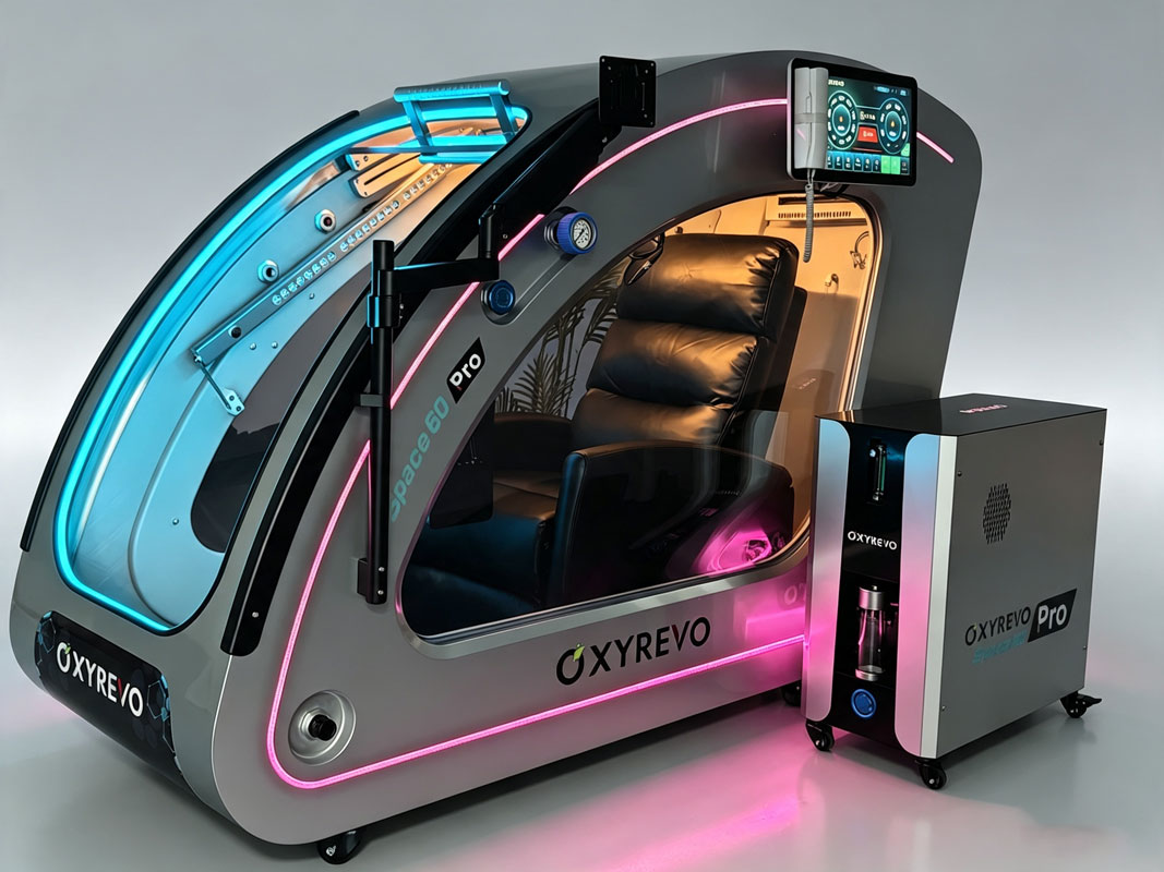 OxyRevo Space60 Pro Hard-Shell Sitting Hyperbaric Chamber – silver chamber beside its all-in-one machine unit