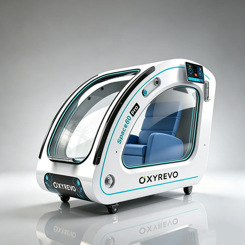 OxyRevo Space60 Pro Hard-Shell Sitting Hyperbaric Chamber – white chamber, front three-quarter view with large side windows and transparent door