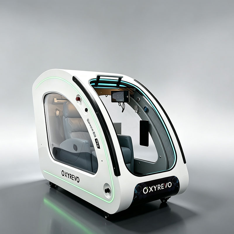 OxyRevo Space60 Pro Hard-Shell Sitting Hyperbaric Chamber – white chamber in a studio setting