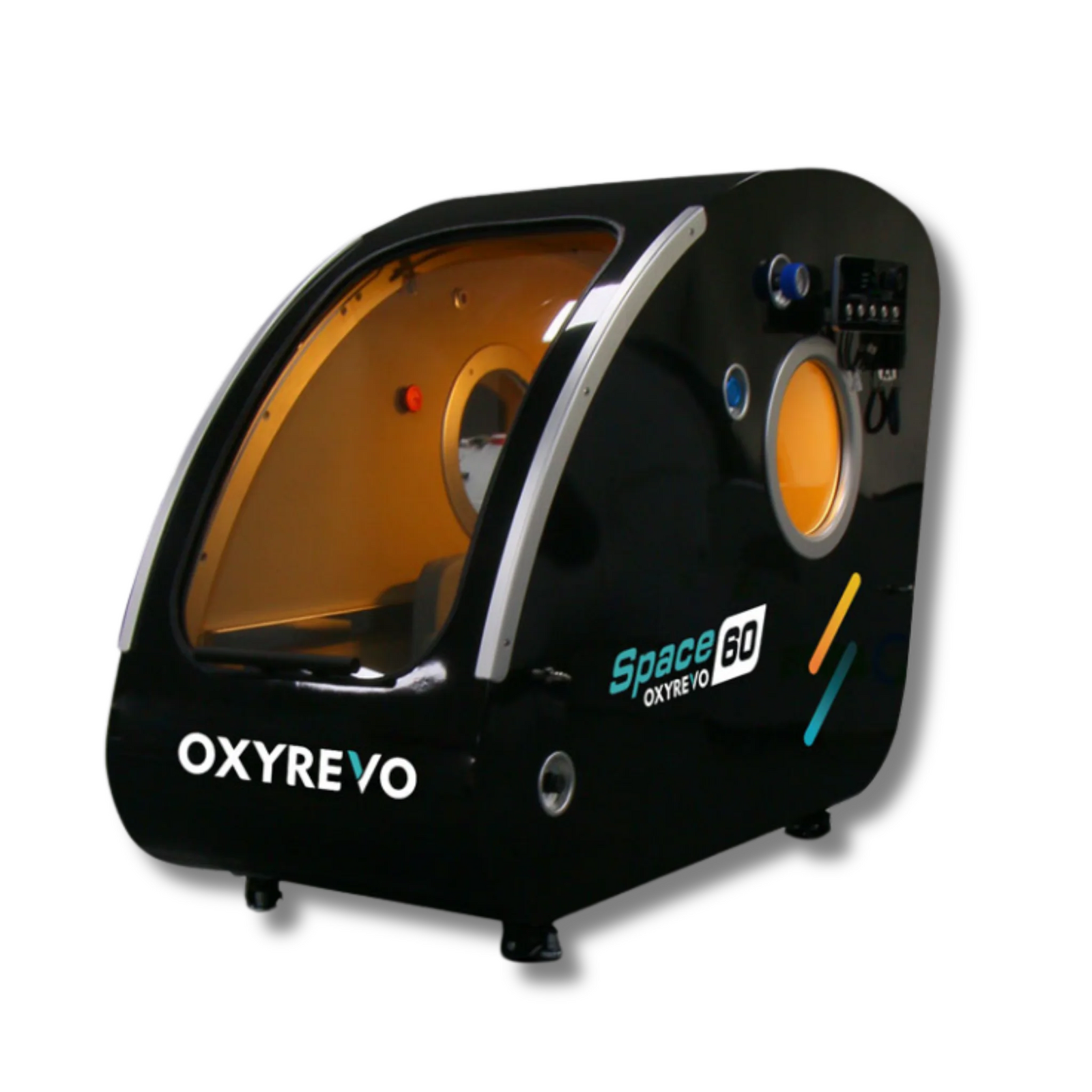 OxyRevo Space60 Hard-Shell Sitting Hyperbaric Chamber – black chamber at an angle