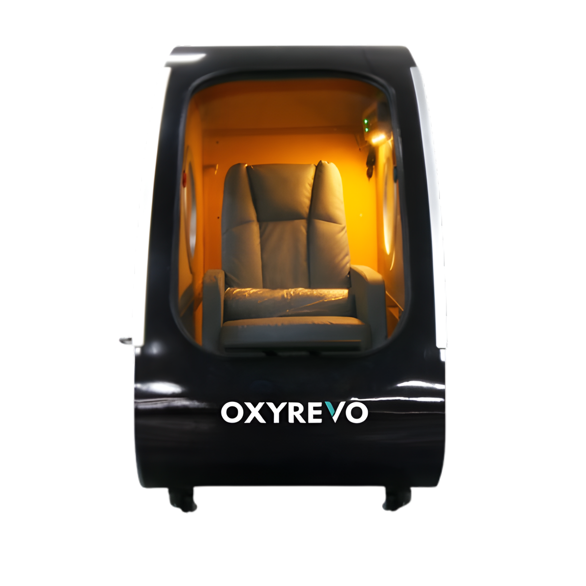 OxyRevo Space60 Hard-Shell Sitting Hyperbaric Chamber – black chamber front view with a seat