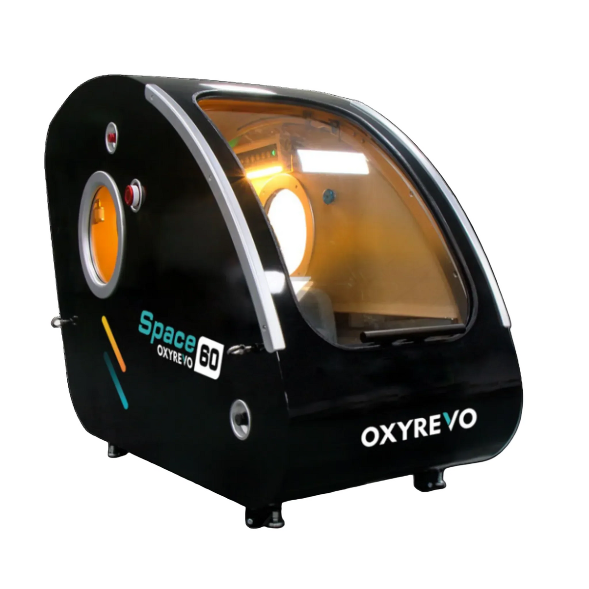 OxyRevo Space60 Hard-Shell Sitting Hyperbaric Chamber – black chamber with a large window