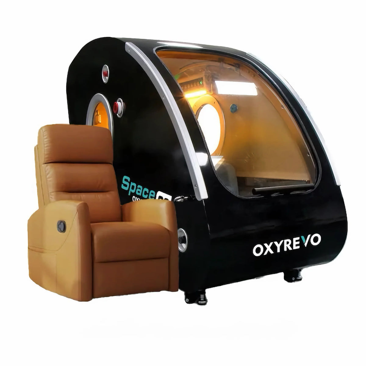 OxyRevo Space60 Hard-Shell Sitting Hyperbaric Chamber – black chamber with a tan recliner