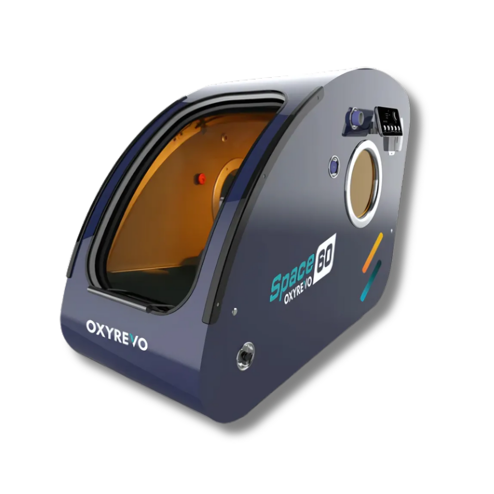 OxyRevo Space60 Hard-Shell Sitting Hyperbaric Chamber – blue-gray chamber at an angle