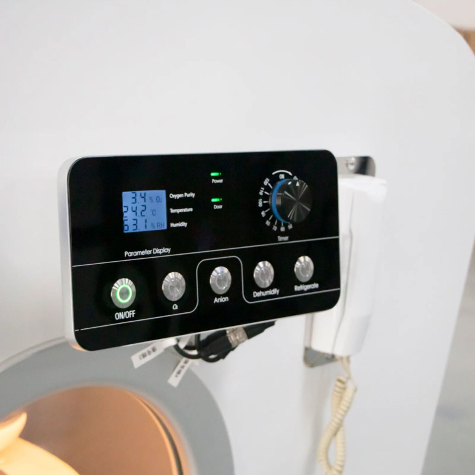 OxyRevo Space60 Hard-Shell Sitting Hyperbaric Chamber – close-up of the control panel