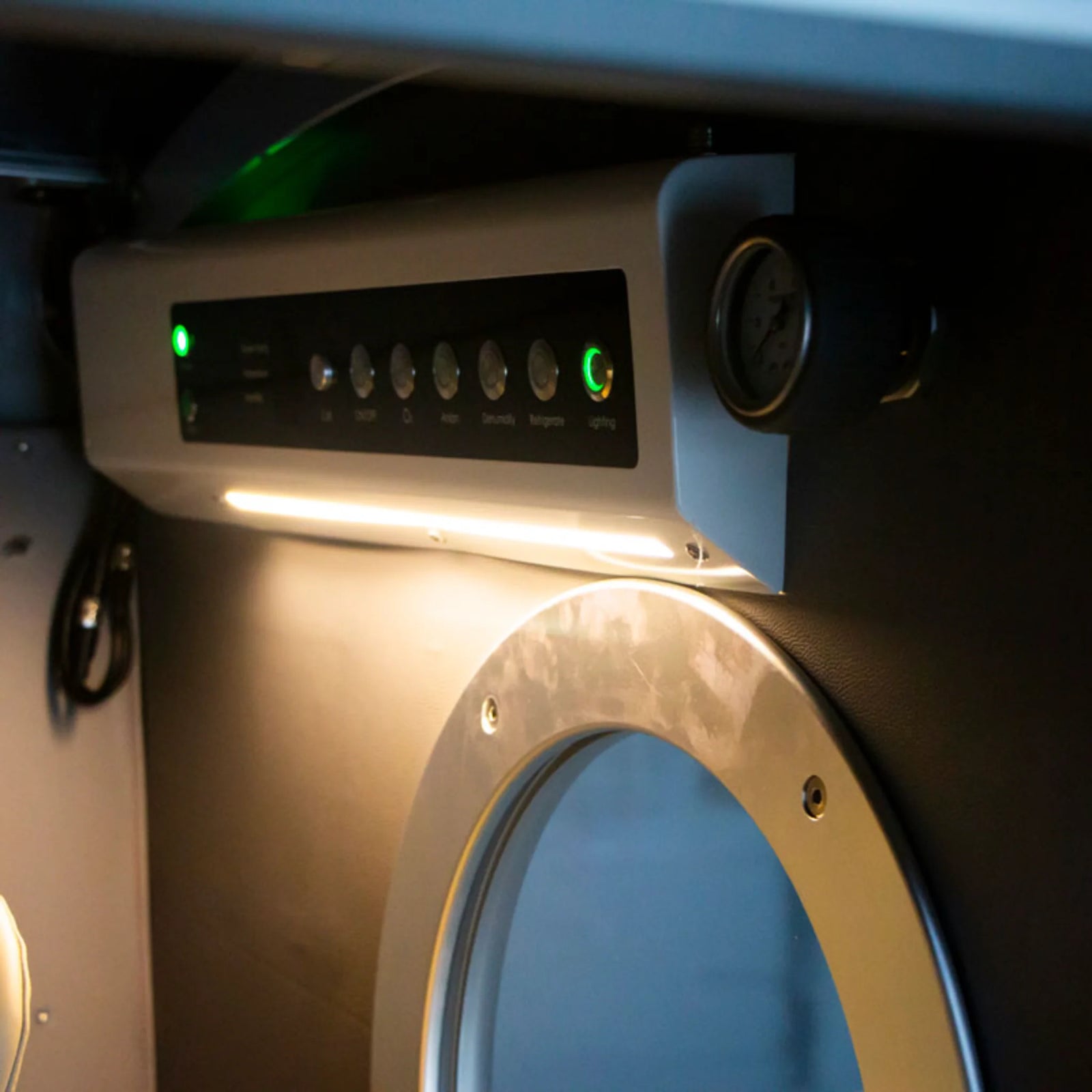OxyRevo Space60 Hard-Shell Sitting Hyperbaric Chamber – interior LED strip lights and door