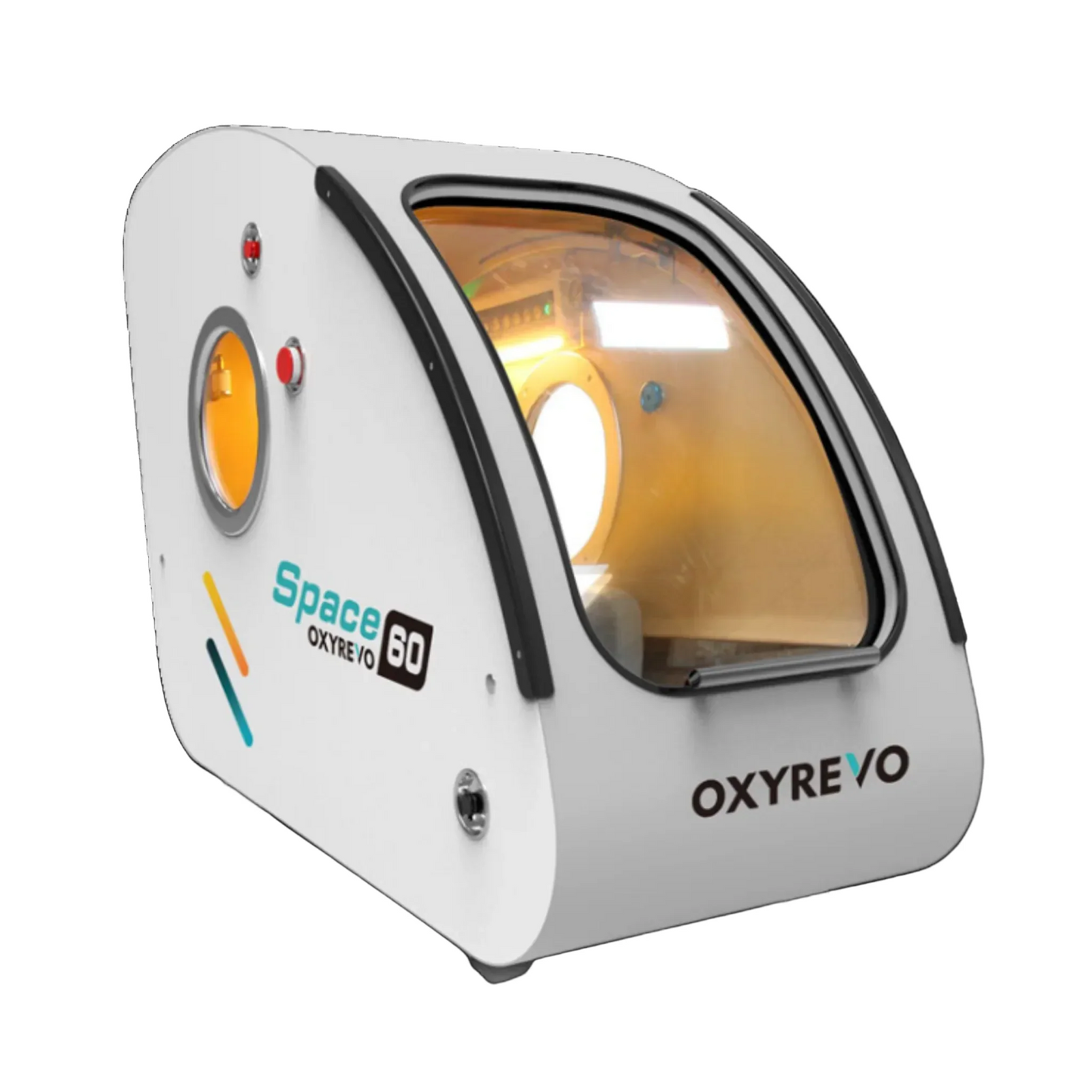 OxyRevo Space60 Hard-Shell Sitting Hyperbaric Chamber – white chamber at an angle