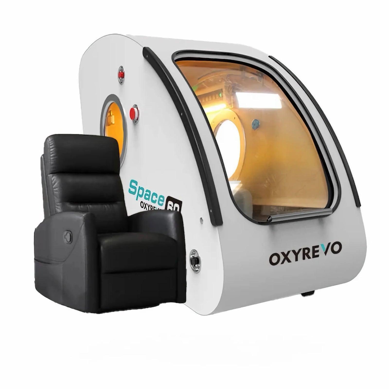 OxyRevo Space60 Hard-Shell Sitting Hyperbaric Chamber – white chamber with a black recliner