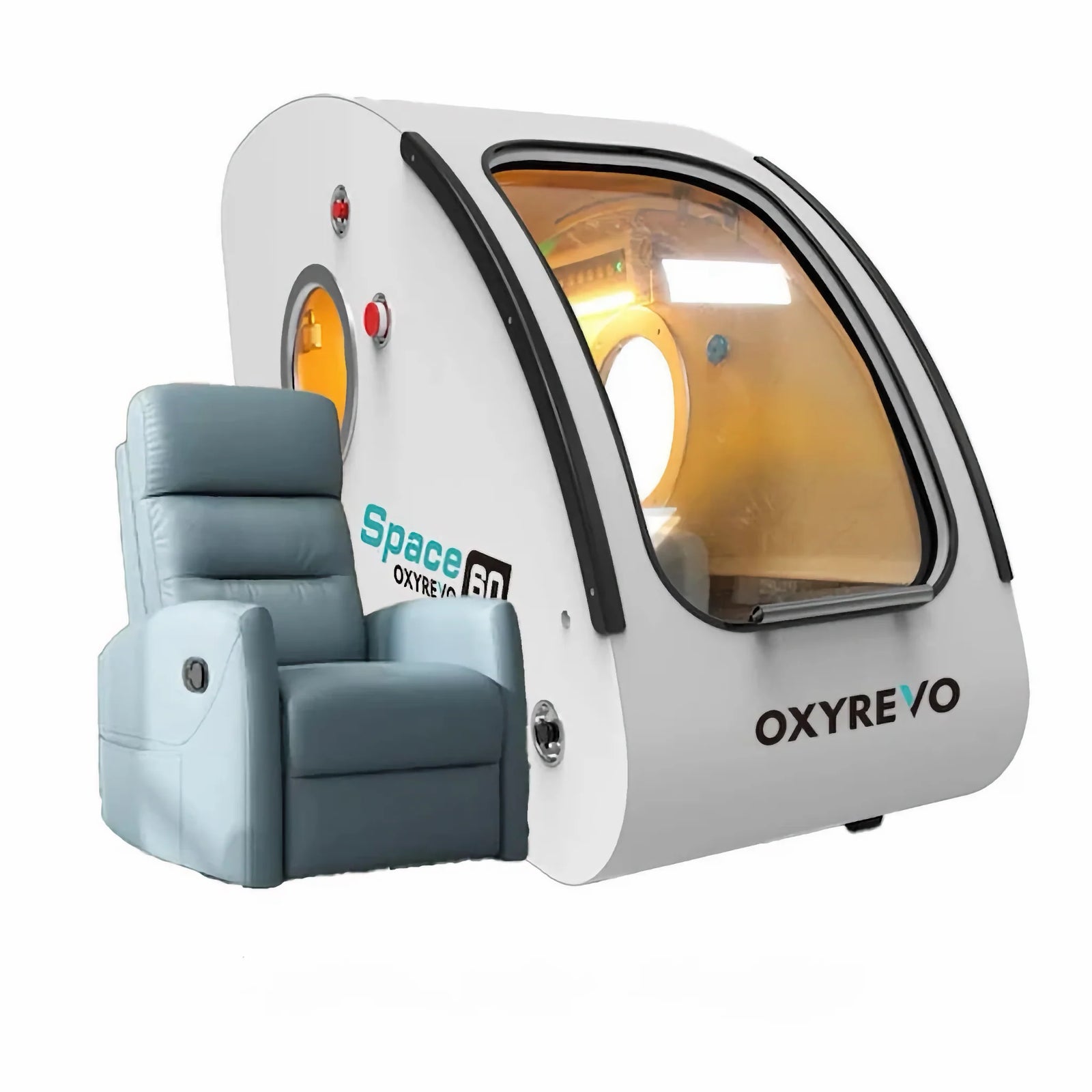 OxyRevo Space60 Hard-Shell Sitting Hyperbaric Chamber – white chamber with a blue recliner