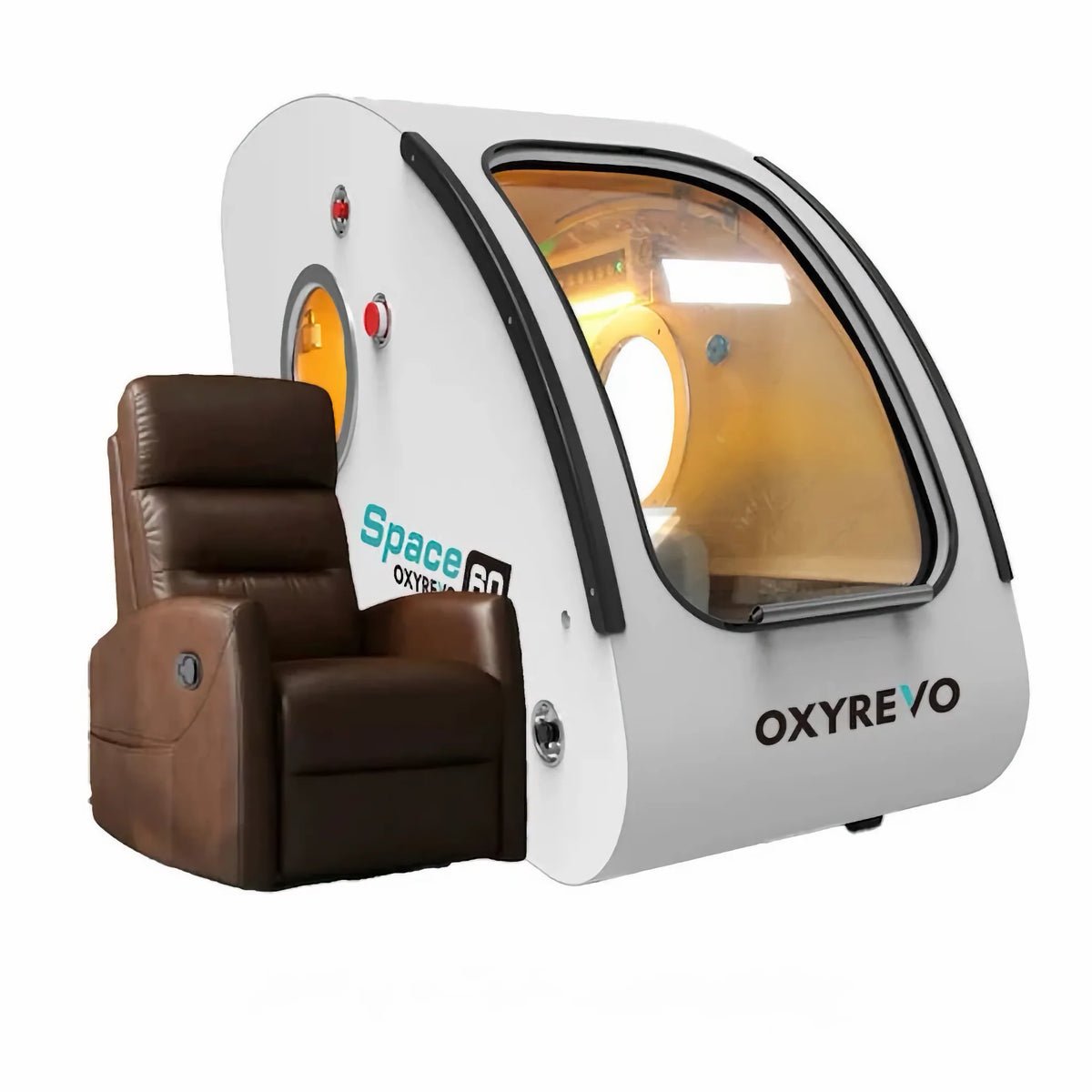 OxyRevo Space60 Hard-Shell Sitting Hyperbaric Chamber – white chamber with a brown recliner