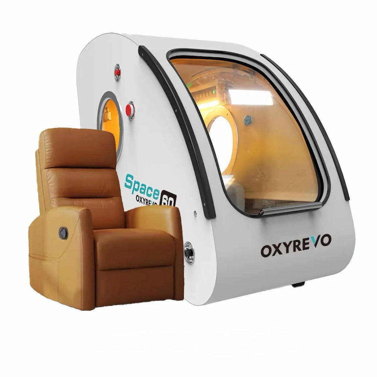 OxyRevo Space60 Hard-Shell Sitting Hyperbaric Chamber – white chamber with a tan recliner