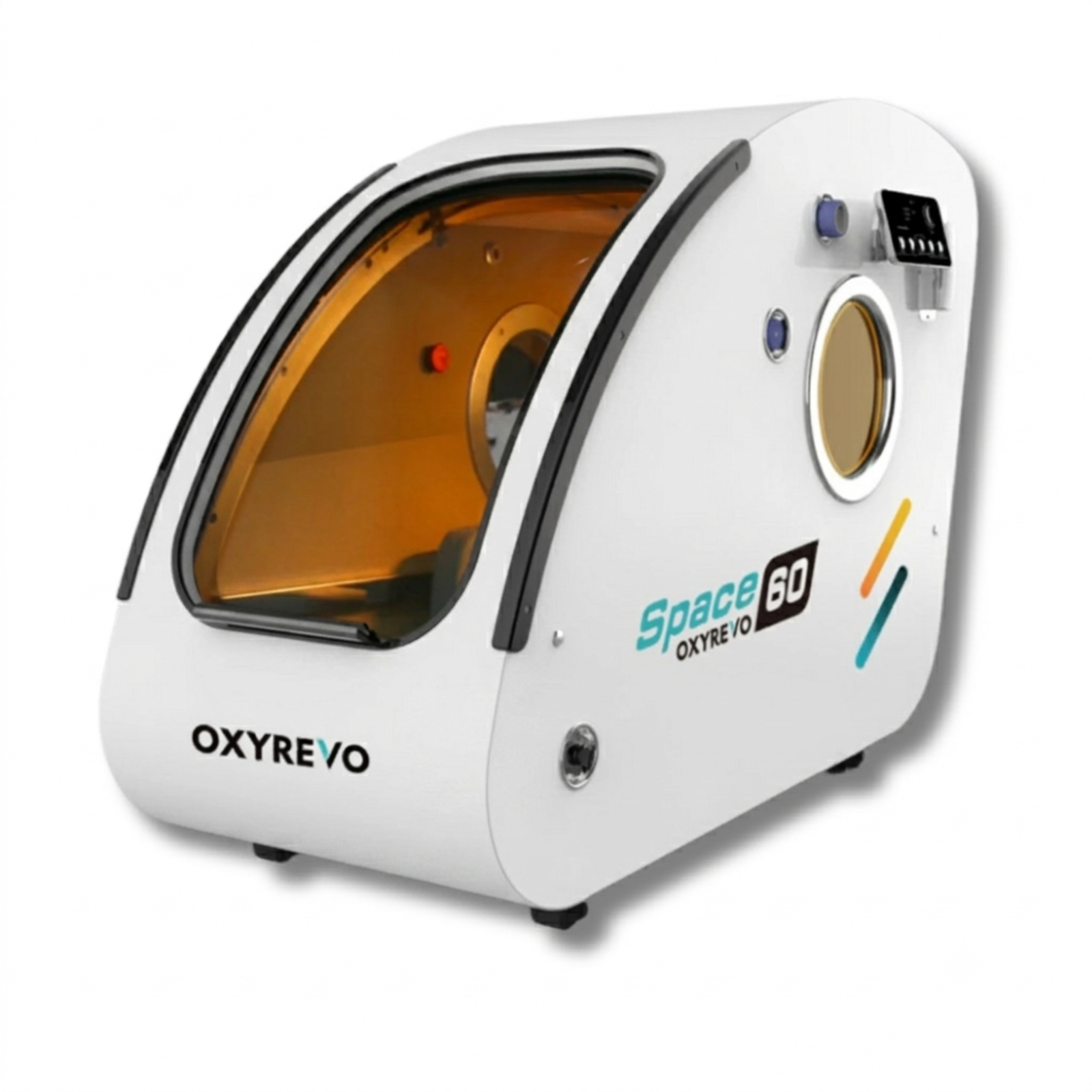 OxyRevo Space60 Hard-Shell Sitting Hyperbaric Chamber – white sitting chamber at an angle