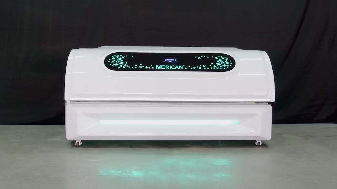 Merican M6N Plus Whole-Body Red Light Therapy Bed – product video showing the white bed, its control display and the red LED panels inside the cabin