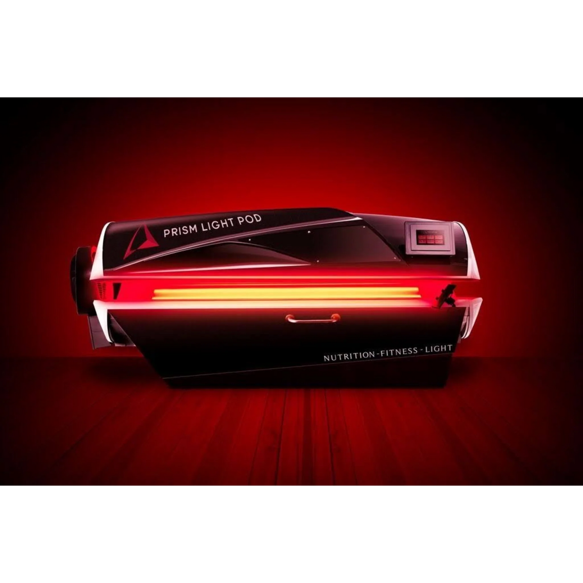 Prism Light Pod Full-Body Red Light Therapy Bed – pod glowing red in a dark room