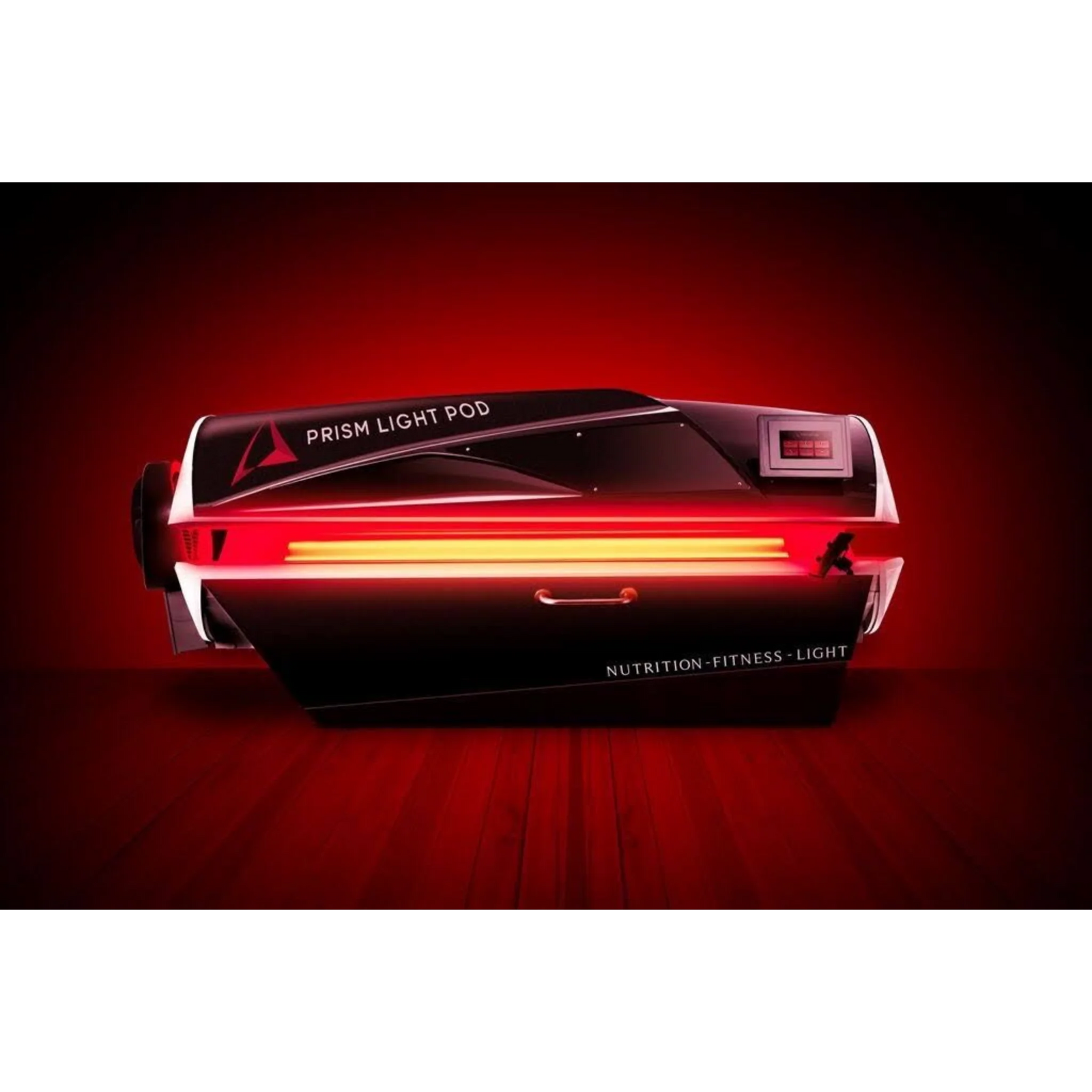 Prism Light Pod Full-Body Red Light Therapy Bed – pod glowing red in a dark room