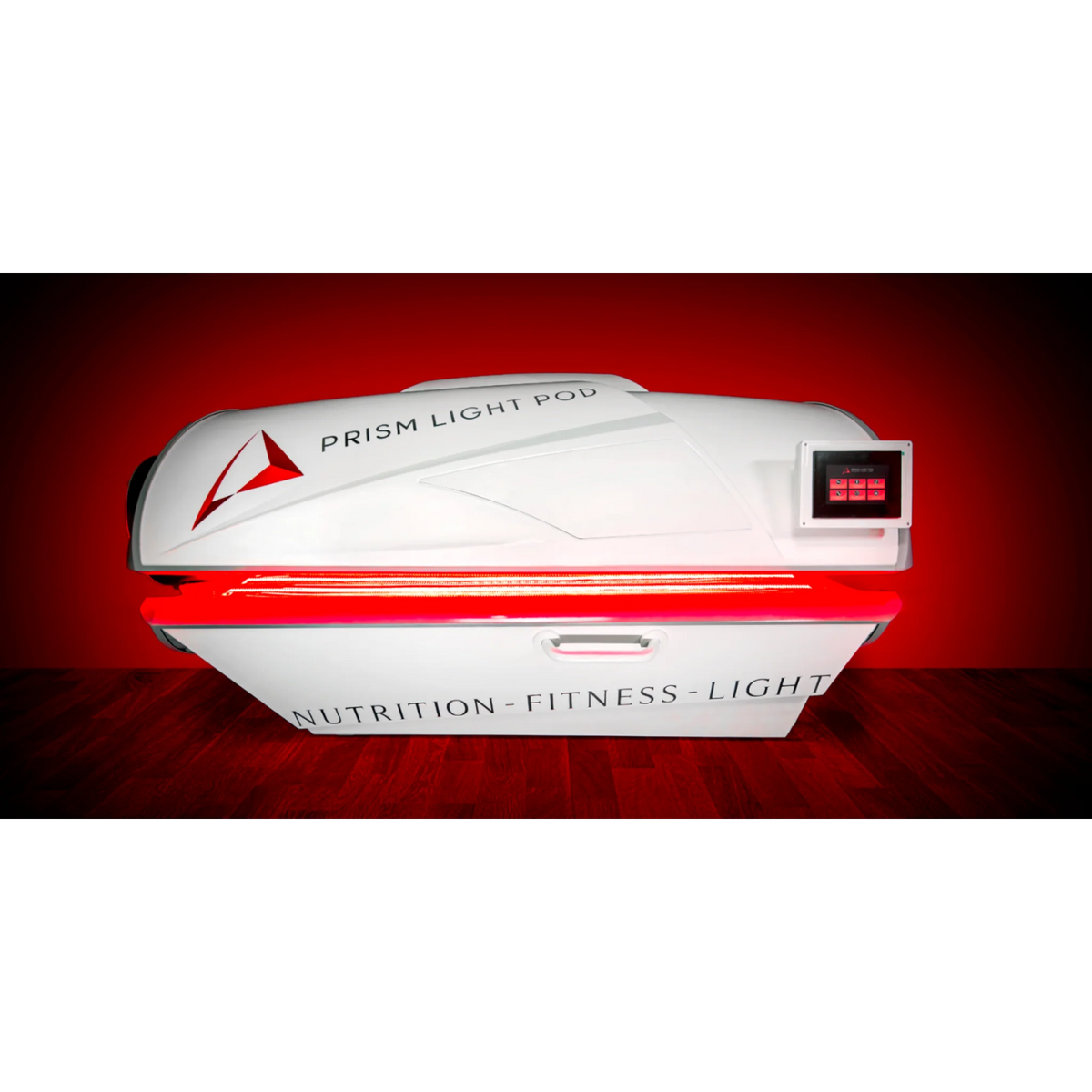 Prism Light Pod Full-Body Red Light Therapy Bed – pod with red light glowing in a dark room
