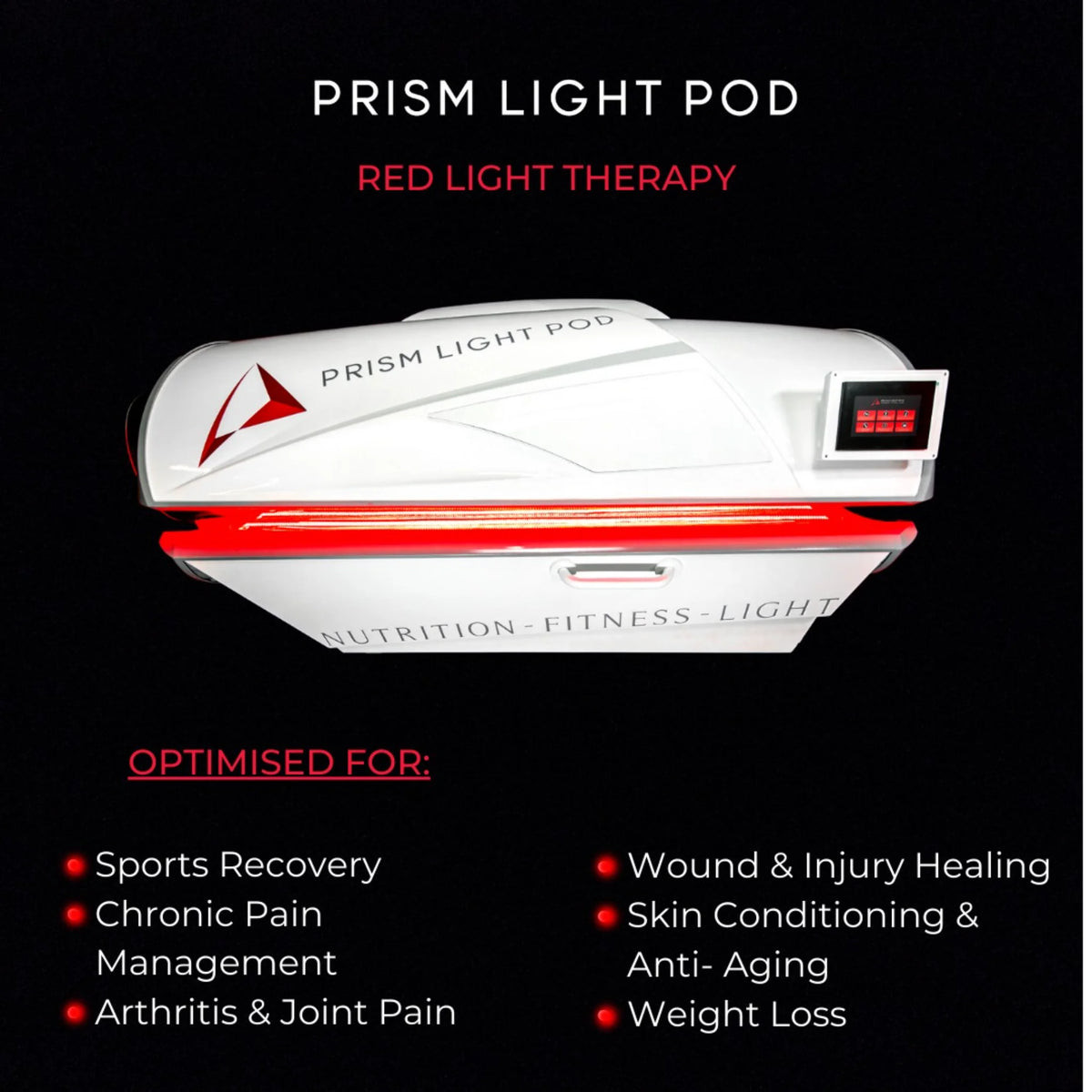 Prism Light Pod Full-Body Red Light Therapy Bed – pod with the treatment benefits listed