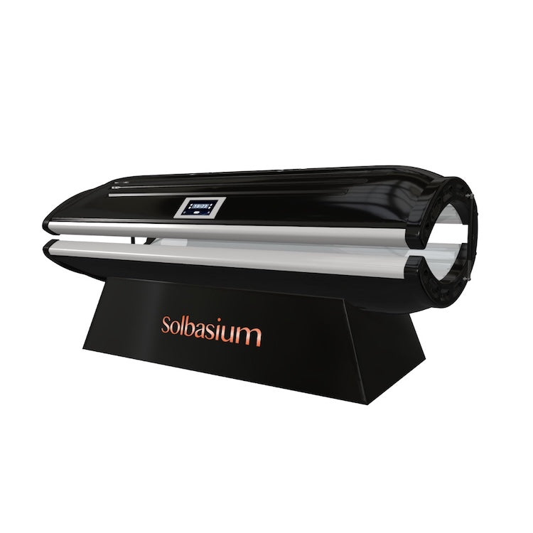 Solbasium Flex Full-Body Red Light Therapy Bed – bed at an angle with logo