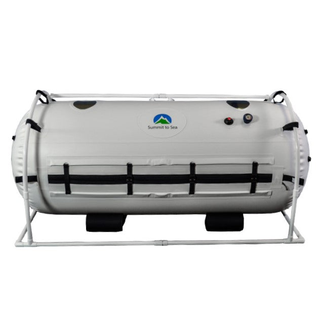 Summit to Sea Grand Dive 40" Hyperbaric Chamber – side view of the chamber on a white frame