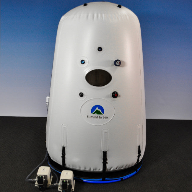Summit to Sea Grand Dive Vertical 54" Upright Hyperbaric Chamber – front view with compressors on the floor