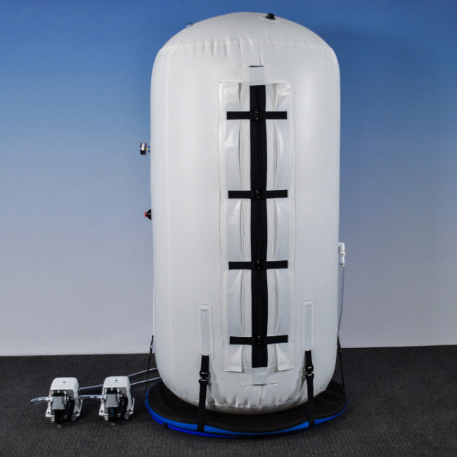 Summit to Sea Vertical Dive 40" Upright Hyperbaric Chamber – rear view with two compressors