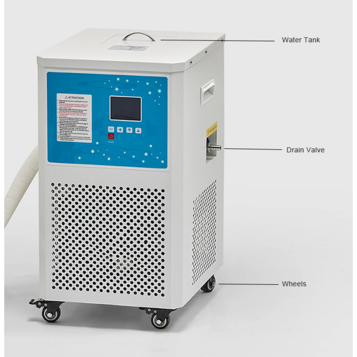 Titan Hyperbarics SMART Portable Soft Hyperbaric Chamber – cooling unit with labeled water tank and drain valve