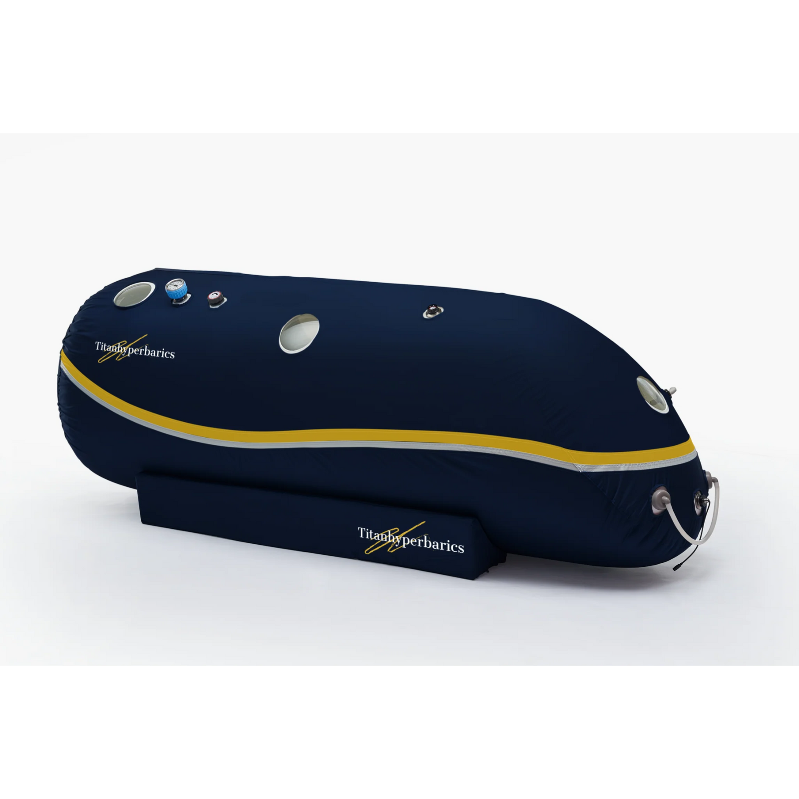 Titan Hyperbarics SMART Portable Soft Hyperbaric Chamber – navy blue soft chamber with a gold stripe from the side