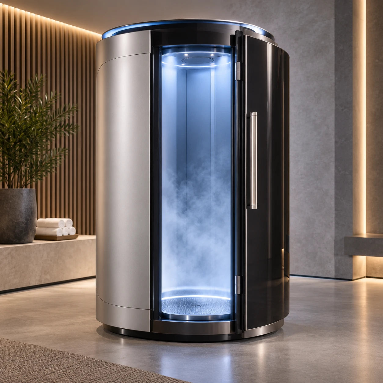 Luxury cryotherapy chamber in a spa suite