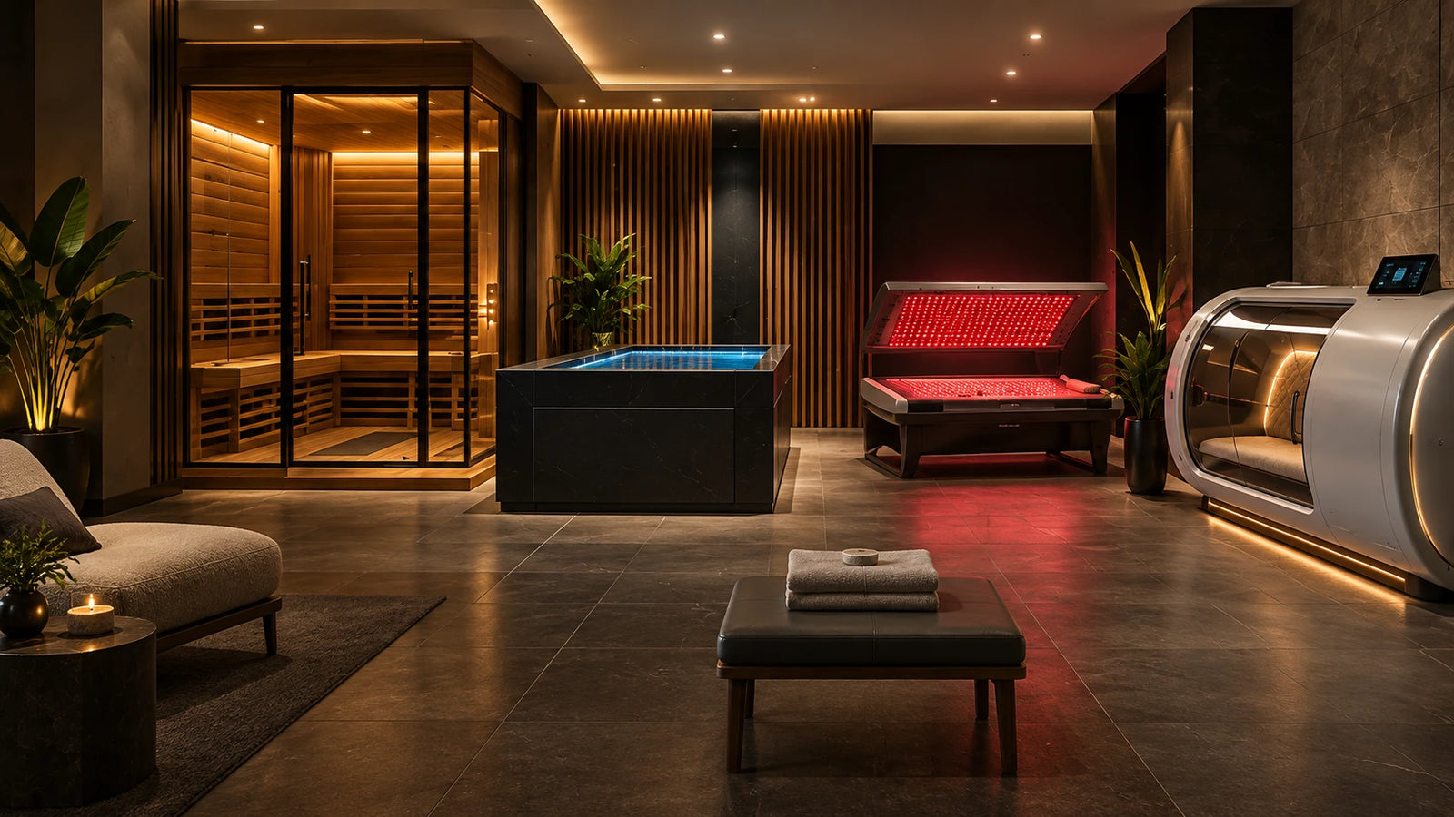Luxury home wellness suite with sauna, cold plunge, red light therapy bed, and recovery pod