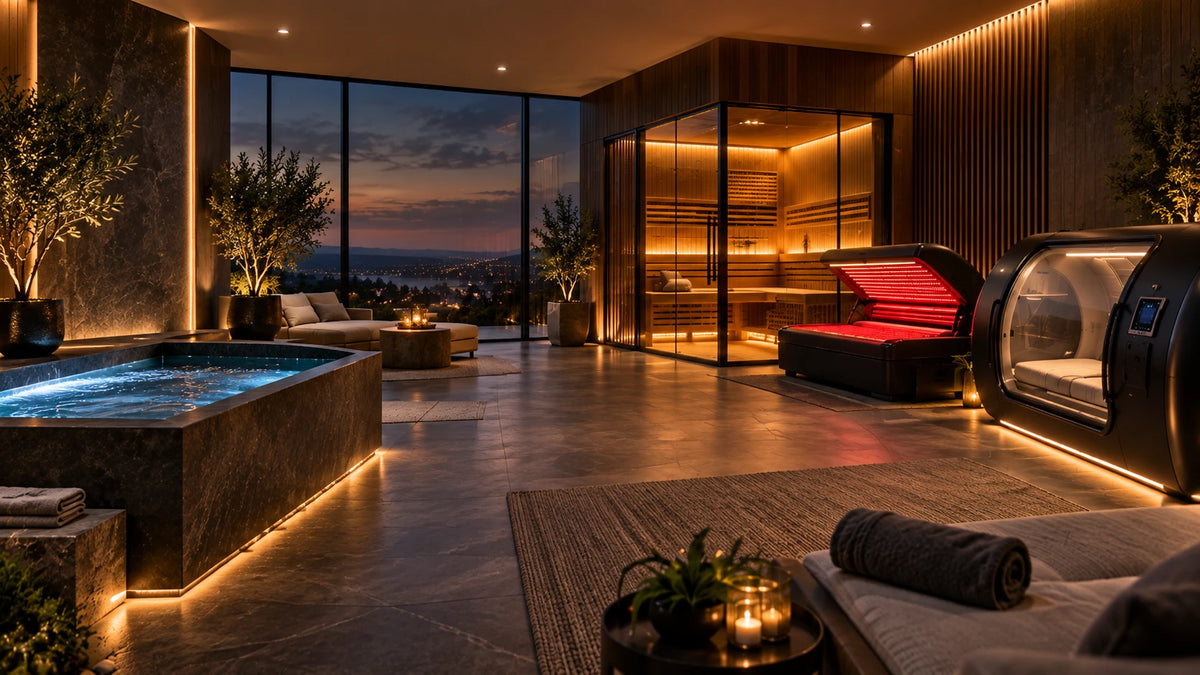 Luxury home wellness suite with cold plunge, infrared sauna, red light therapy bed, and recovery pod