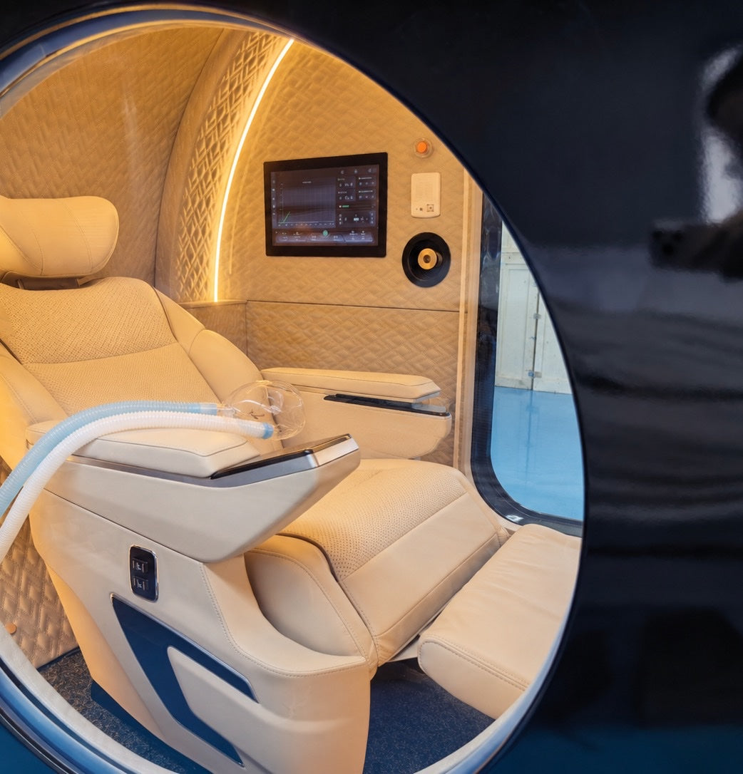 Oxyair OLV-YZD01 electric reclining leather seat with extended footrest, breathing hoses and interior touch screen
